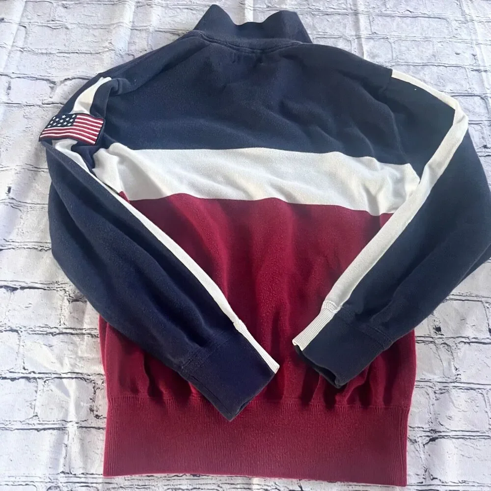 Vintage POLO Ralph Lauren Spell Out 1/4 Zip Sweater American Flag Patch M 90's